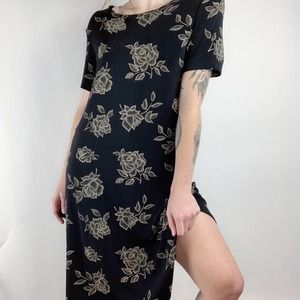 Vintage Black Rose Floral Midi Shift Dress